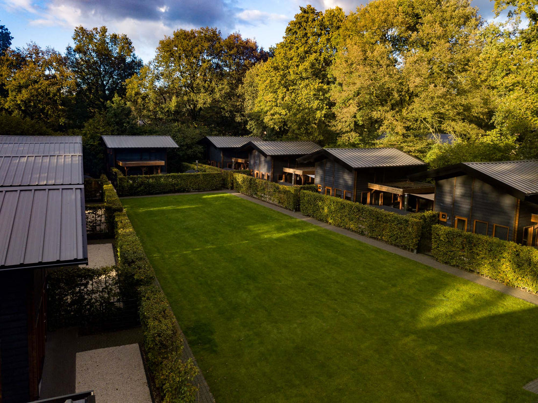 Luchtfoto van meerdere moderne bungalows met donkere daken en lichte houten accenten, gegroepeerd rond een groot groen gazon, omringd door bomen.